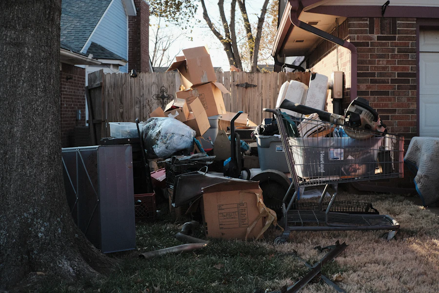 Household junk piled outside a home, ready for pickup